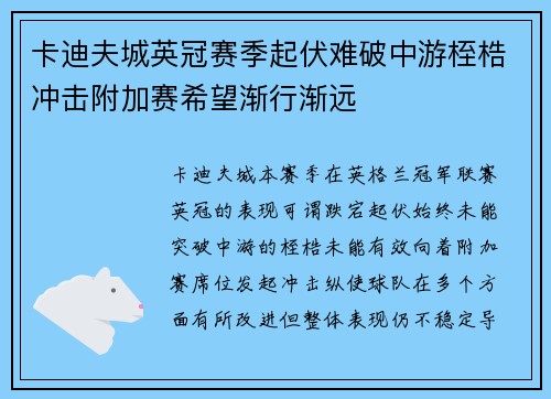 卡迪夫城英冠赛季起伏难破中游桎梏冲击附加赛希望渐行渐远